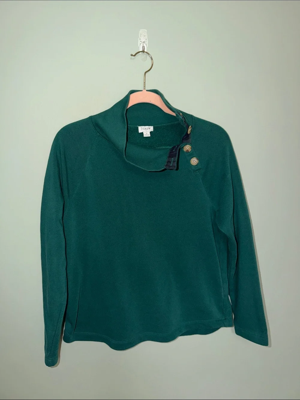 J.Crew Teal Green Cowl Neck Pullover Sweater Button Detail Size S